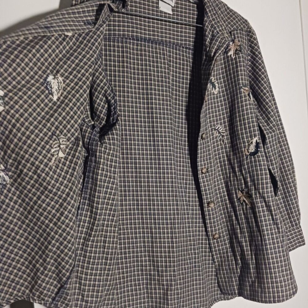 Bonworth Womans Medium Plaid Green Embroidery Leaves Shirt Long Sleeves - Picture 4 of 6